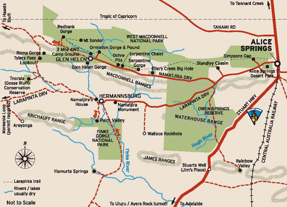 Map of the Western MacDonnell Ranges courtesy of NT Tourism
