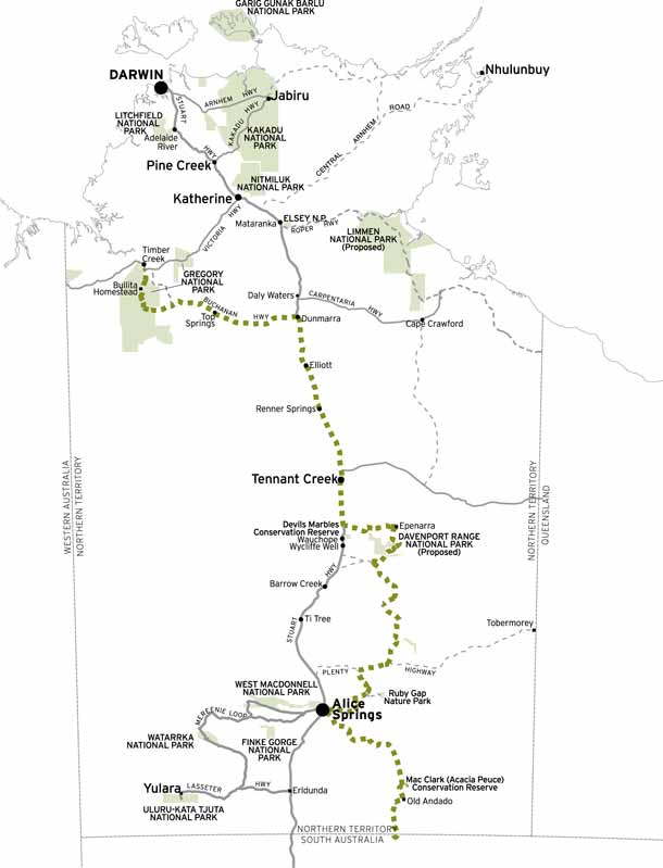 An approximate guide line please refer to the Government information site for Binns Track Northern Territory or purchase our Goholi Outback Travellers Map at $35.00 from us - email us now.